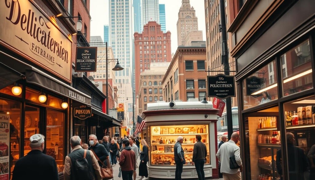 A bustling urban street lined with quaint, old-fashioned delicatessen shops, their facades adorned with hand-painted signage and warm lighting spilling onto the sidewalk. In the foreground, a group of customers perusing the display windows, their faces aglow with anticipation. The middle ground reveals the interior of one deli, its shelves stocked with an array of gourmet meats, cheeses, and specialty condiments. In the background, a cityscape of towering skyscrapers and bustling traffic, creating a vibrant contrast to the timeless charm of the local shops. The scene is captured through a wide-angle lens, with a soft, nostalgic focus that evokes a sense of community and artisanal craftsmanship.