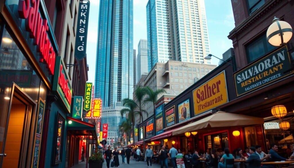 A bustling urban street lined with vibrant Salvadoran restaurants, their vibrant facades reflecting the rich culture and flavors within. In the foreground, an inviting entryway beckons, its warm lighting casting a welcoming glow. In the middle ground, patrons dine al fresco, savoring authentic pupusas and vibrant curtido. The background features towering skyscrapers, hinting at the city's dynamic energy. The scene is captured with a cinematic, wide-angle lens, emphasizing the depth and scale of this culinary destination. The overall mood is one of celebration, highlighting the best of Salvadoran cuisine in a major US city.