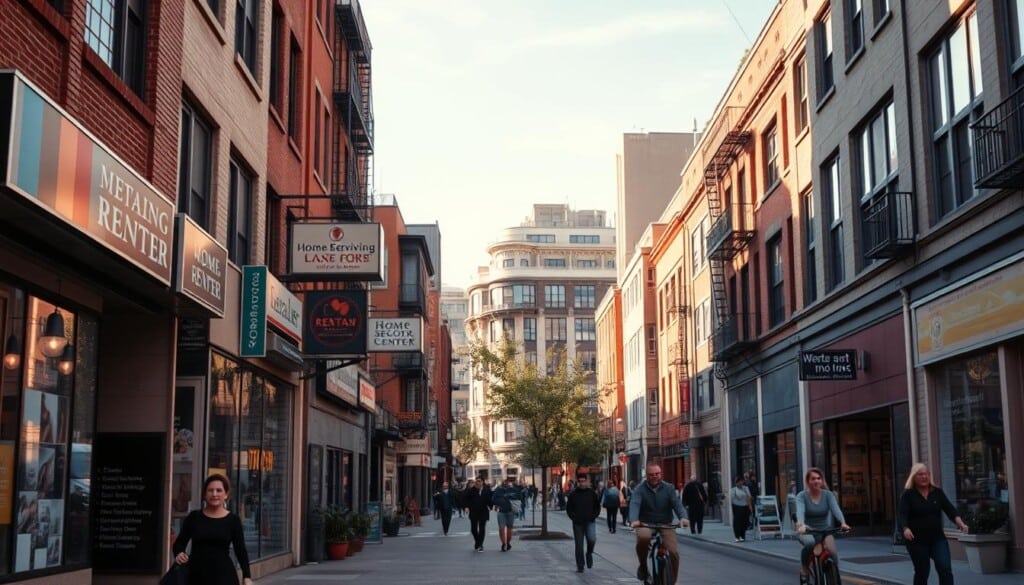 A bustling urban street, panning left to right, with a diverse array of local service providers for renters - a realtor's office, a moving company, a home decor store, a community center, and a legal aid clinic. The scene is bathed in warm, afternoon sunlight, with a sense of activity and liveliness. The architecture is a mix of modern and historic styles, reflecting the character of the neighborhood. Pedestrians and cyclists move through the frame, adding to the vibrant, community-focused atmosphere. The overall mood is one of helpful resources and supportive services, catering to the needs of renters in the area.