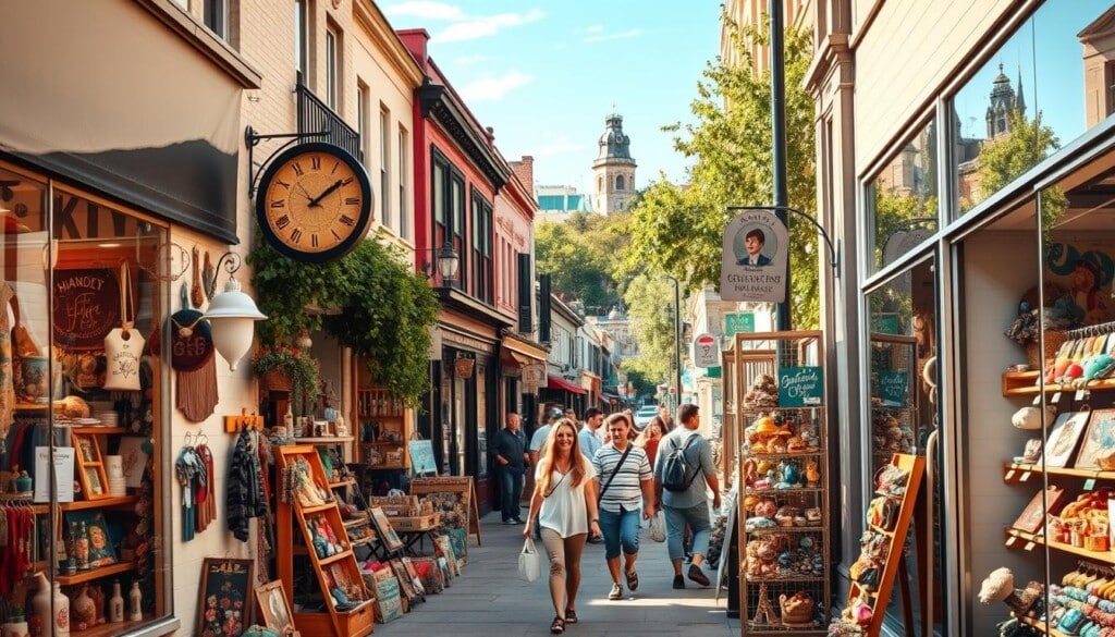 A bustling urban street scene, the sidewalks lined with charming gift shops showcasing an array of whimsical merchandise. In the foreground, the storefront displays catch the eye, showcasing unique handcrafted items, locally-sourced souvenirs, and colorful knickknacks. Warm sunlight filters through the storefront windows, casting a cozy glow on the scene. In the middle ground, passersby stroll along the sidewalk, their faces lit with delight as they peer into the inviting shop windows. The background features a vibrant cityscape, with historic buildings and lush greenery framing the lively shopping district. An atmosphere of exploration and discovery permeates the environment, inviting the viewer to venture inside and discover the hidden gems of these local gift shops.