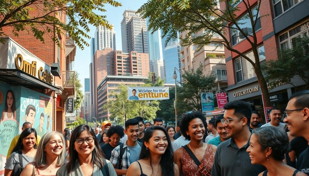 A bustling urban street scene, vibrant with diverse community life. In the foreground, a group of smiling people of all ages and backgrounds, engaged in animated conversation and collaborative activities. Midground, a lively community center with murals and signage reflecting the local culture and values. In the background, towering skyscrapers and green spaces, symbolizing progress and sustainability. Warm, natural lighting illuminates the scene, casting a welcoming glow. Captured with a wide-angle lens to convey a sense of depth and inclusivity. The overall mood is one of togetherness, empowerment, and positive social impact.