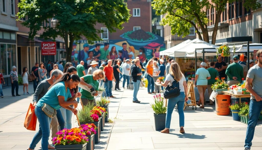 A bustling urban street scene, with a diverse group of people engaged in various community activities. In the foreground, a team of volunteers participates in a neighborhood clean-up event, working together to tidy up the sidewalks and plant vibrant flowers in planters. In the middle ground, a lively farmer's market is in full swing, with local vendors showcasing their fresh produce and handmade crafts. In the background, a vibrant mural depicting scenes of community unity and collaboration adds a touch of artistic flair. The scene is bathed in warm, natural lighting, creating a sense of togetherness and a welcoming atmosphere. A sense of civic pride and community engagement permeates the entire frame.