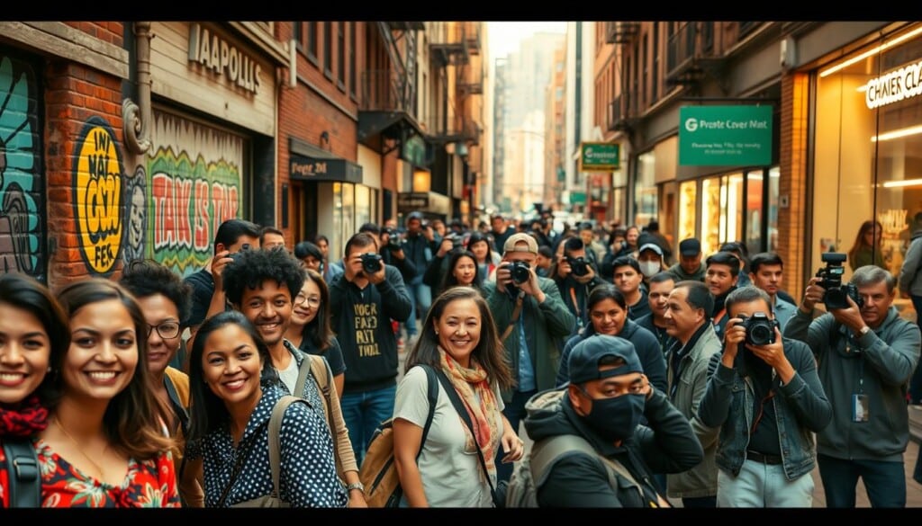 A bustling urban street scene, with a group of local photographers capturing the vibrant energy of the community. In the foreground, diverse individuals pose candidly, their expressions conveying a sense of pride and connection. In the middle ground, photographers crouch and stand, their cameras poised to immortalize the local flavor - the colorful murals, the lively storefronts, the interplay of light and shadow. The background is a tapestry of architectural details, from weathered brick to gleaming glass, framing the scene in an atmospheric, documentary-style aesthetic. Warm, diffused lighting casts a golden glow, highlighting the collaborative spirit and the photographers' role in amplifying the voice of the neighborhood.