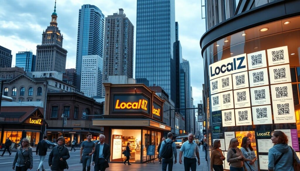 A bustling urban street scene with a large storefront window prominently displaying the "LocalZ" business directory logo. The window is illuminated with a warm, inviting glow, showcasing an array of local business listings and QR codes on digital displays. In the foreground, passersby stroll along the sidewalk, some pausing to interact with the directory. The middle ground features a mix of local shops, cafes, and other establishments, all captured in a realistic, detailed style. The background is a picturesque cityscape with towering skyscrapers, creating a sense of place and vibrancy. The overall mood is one of community, connectivity, and the celebration of local entrepreneurship.