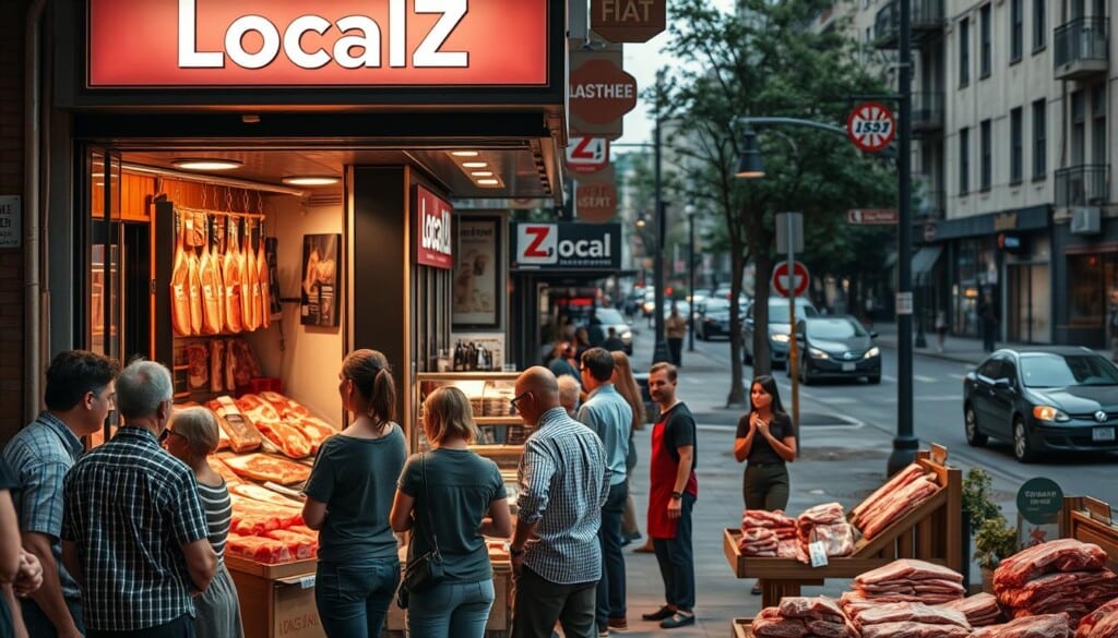 A bustling urban street scene, with a prominent storefront displaying the "LocalZ" logo. In the foreground, a group of people - a diverse mix of ages and ethnicities - stand outside the store, examining fresh cuts of meat and chatting with the friendly butcher. The middle ground features an array of high-quality meat products, expertly displayed in a well-lit, clean interior. In the background, the street is alive with the energy of a thriving neighborhood, complete with pedestrians, parked cars, and the occasional passing vehicle. The lighting is warm and inviting, creating a cozy, community-driven atmosphere. The overall composition conveys a sense of convenience, accessibility, and the pride of local businesses connecting with their customers.