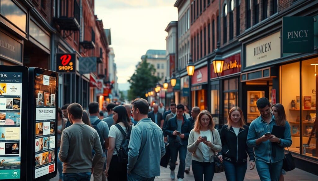 A bustling urban street scene, with a variety of brick-and-mortar storefronts lining the sidewalks. In the foreground, a group of people congregating around a digital kiosk, browsing through an online directory of local businesses. The kiosk is illuminated by a warm, inviting glow, reflecting the vibrant energy of the neighborhood. In the middle ground, passersby stroll by, glancing at their smartphones, searching for nearby shops and services. In the background, a row of vintage-style lampposts casts a soft, nostalgic light, blending the digital and the physical realms of local commerce. The overall atmosphere conveys a harmonious integration of modern technology and traditional Main Street aesthetics.