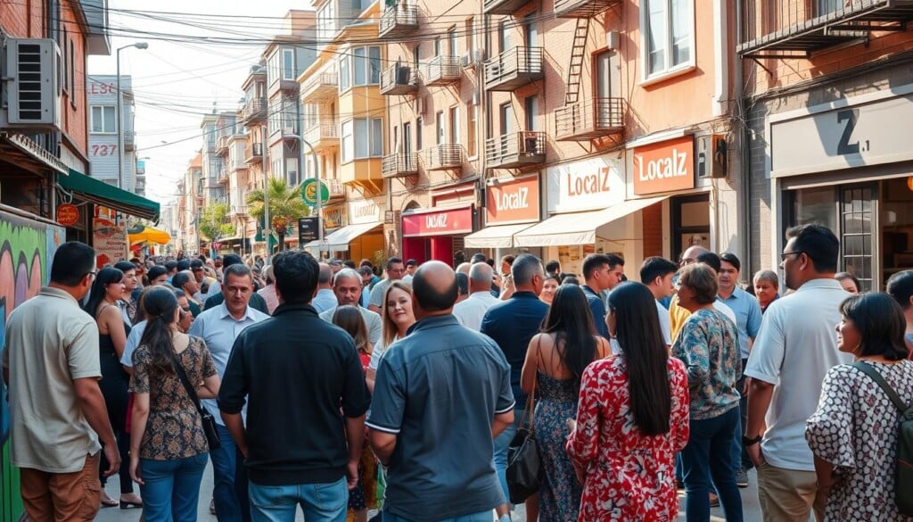 A bustling urban street scene, with a vibrant community center at the heart. In the foreground, locals gather around a vibrant mural, discussing local initiatives and plans. In the middle ground, a diverse group of residents engage in lively conversations, sharing ideas and experiences. The background showcases the eclectic architecture, with a mix of storefronts and residential buildings, all bathed in warm, natural lighting. An atmosphere of collaboration, togetherness, and a shared sense of purpose permeates the scene, reflecting the positive impact of the "LocalZ" community program.
