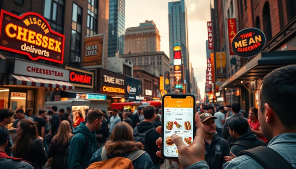 A bustling urban street scene, with a vibrant mix of cheesesteak shops, food trucks, and local businesses. In the foreground, a group of people gathered around a smartphone, using a local delivery app called "LocalZ" to order cheesesteaks from nearby shops. The app's interface is visible on the screen, showcasing available options and real-time delivery updates. The middle ground features the various cheesesteak shops, each with its own distinct signage, decor, and crowds of customers spilling out onto the sidewalk. In the background, a cityscape of towering skyscrapers and neon lights sets the scene, creating a lively and immersive atmosphere. The lighting is a balance of warm, inviting tones and cool, contemporary accents, capturing the vibrant energy of the urban landscape.
