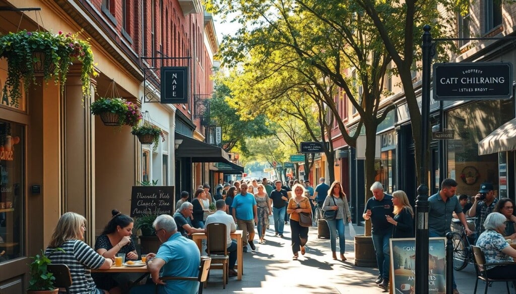 A bustling urban street scene, with a vibrant mix of locally-owned shops and eateries. The foreground features a group of diverse patrons enjoying a leisurely brunch together at a cozy cafe, its charming exterior adorned with hanging plants and a hand-painted sign. In the middle ground, independent boutiques and artisan markets line the sidewalks, their windows displaying unique, handcrafted goods. The background depicts a lively, pedestrian-friendly streetscape, with people strolling, cycling, and supporting their neighborhood businesses. Warm, golden sunlight filters through the trees, casting a welcoming glow over the entire scene. The overall atmosphere conveys a sense of community, connection, and the importance of investing in local, small-scale enterprises.