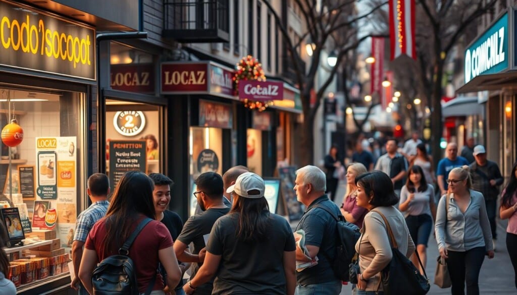 A bustling urban street scene, with local businesses and community members engaged in vibrant interactions. In the foreground, a group of people gathered around a LocalZ kiosk, discussing promotions and events. The middle ground features storefronts adorned with signs and decorations, capturing the lively atmosphere of a thriving neighborhood. In the background, pedestrians stroll along the sidewalk, adding to the sense of a vibrant, connected community. The lighting is warm and inviting, with a soft, natural glow illuminating the scene. The overall tone is one of collaboration, camaraderie, and a shared dedication to supporting local enterprises.