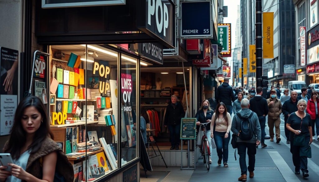 A bustling urban street scene, with the storefront of a pop-up retail shop taking center stage. The shop's facade is adorned with colorful, eye-catching displays, tempting passersby to step inside. Yet, the cramped and cluttered interior reveals the challenges of operating a temporary retail space - limited inventory, makeshift fixtures, and a sense of impermanence. The lighting is harsh, casting shadows and creating an atmosphere of uncertainty. In the background, a cacophony of pedestrians, traffic, and city noise underscores the transient nature of the pop-up experience. The overall mood conveys the precariousness and competitive pressures faced by these ephemeral retail ventures.