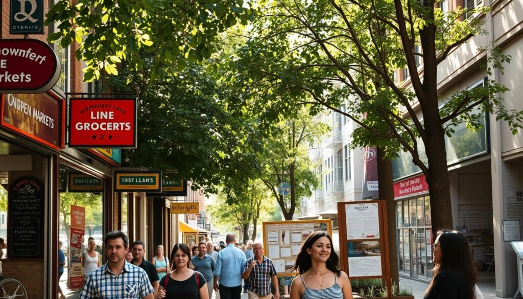A bustling urban street, sunlight filtering through the leaves of lush trees. In the foreground, a group of people strolling past storefronts, their faces alight with curiosity. Vibrant signage and colorful facades draw the eye, inviting exploration. A mix of independent grocers and local markets occupy the middle ground, their windows displaying fresh produce and baked goods. In the background, a community bulletin board stands, covered in flyers advertising community events and neighborhood highlights. The scene exudes a sense of local discovery, where the pursuit of fresh, quality ingredients is intertwined with the fabric of the community.