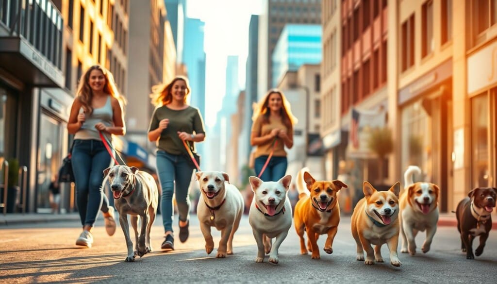 A bustling urban street, with a group of vibrant and energetic LocalZ dog walkers tending to a pack of cheerful pups. In the foreground, a trio of walkers in casual, yet stylish attire guide their canine companions, each with a unique personality, from a sleek greyhound to a playful corgi. The middle ground captures the lively interaction between the walkers and their furry clients, with the dogs prancing and wagging their tails. In the background, the city skyline sets the scene, bathed in warm, golden afternoon light that casts a welcoming glow. The overall atmosphere conveys a sense of community, trust, and the joy of pet ownership, showcasing the benefits of using LocalZ for a reliable and personalized dog walking service.