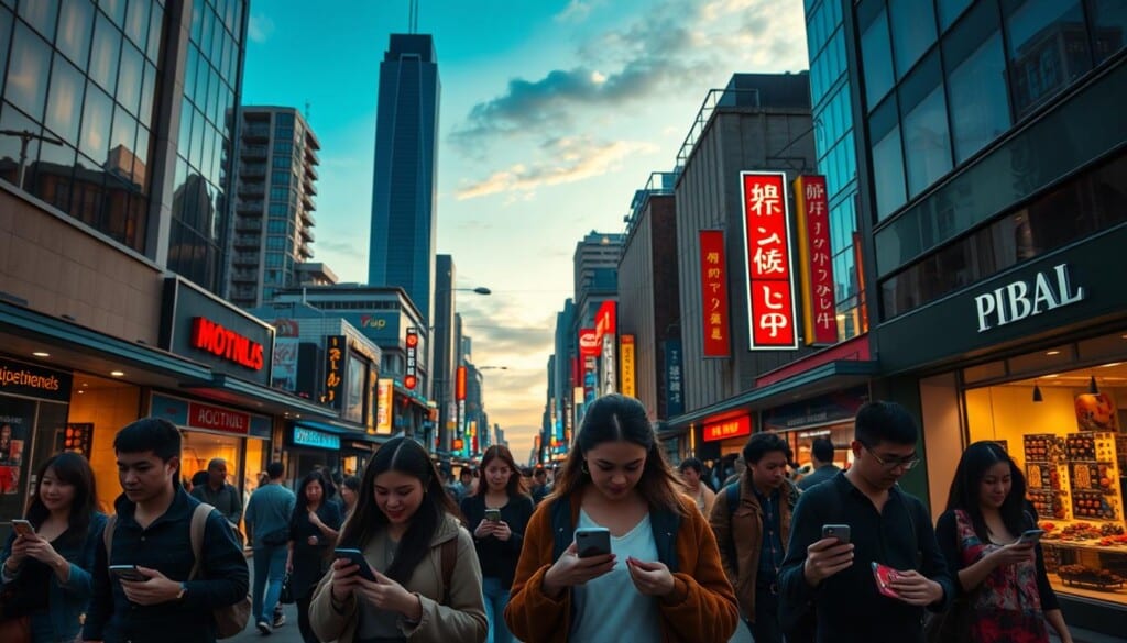 A bustling urban street with people walking, searching for the nearest department store. In the foreground, a group of shoppers with smartphones in hand, their expressions focused as they browse store listings and maps. The middle ground features a mix of storefronts and pedestrians, capturing the vibrant energy of the city. In the background, towering buildings, neon signs, and a late afternoon sky create a dynamic, cinematic atmosphere. Warm, natural lighting bathes the scene, casting subtle shadows and highlights that draw the eye towards the central figures. The overall composition conveys a sense of modern, local exploration, guiding the viewer's gaze towards the search for the ideal department store.