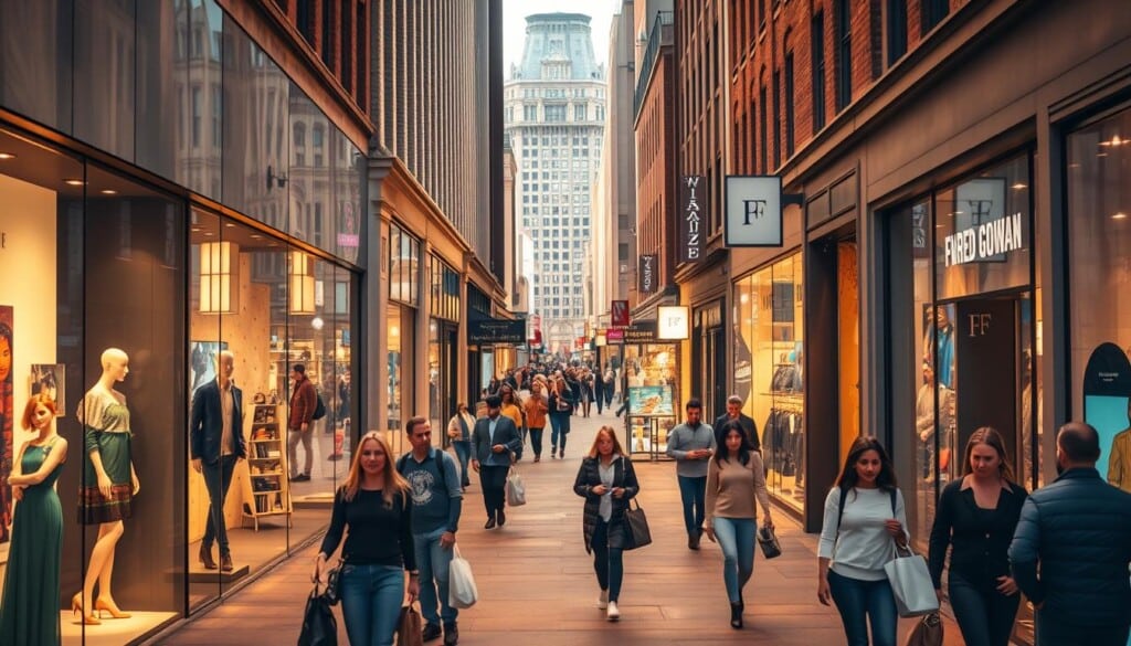 A bustling urban street with vibrant fashion retailers lining the sidewalks. Storefronts in a variety of architectural styles, from sleek modern glass-fronted boutiques to charming brick-and-mortar shops. Mannequins in the windows showcase the latest trends, drawing the eye of passersby. Warm, diffused lighting casts a golden glow, creating an inviting atmosphere. Customers hurry in and out, carrying shopping bags and admiring the curated displays. The scene captures the energy and diversity of regional fashion, a synthesis of local styles and global influences.
