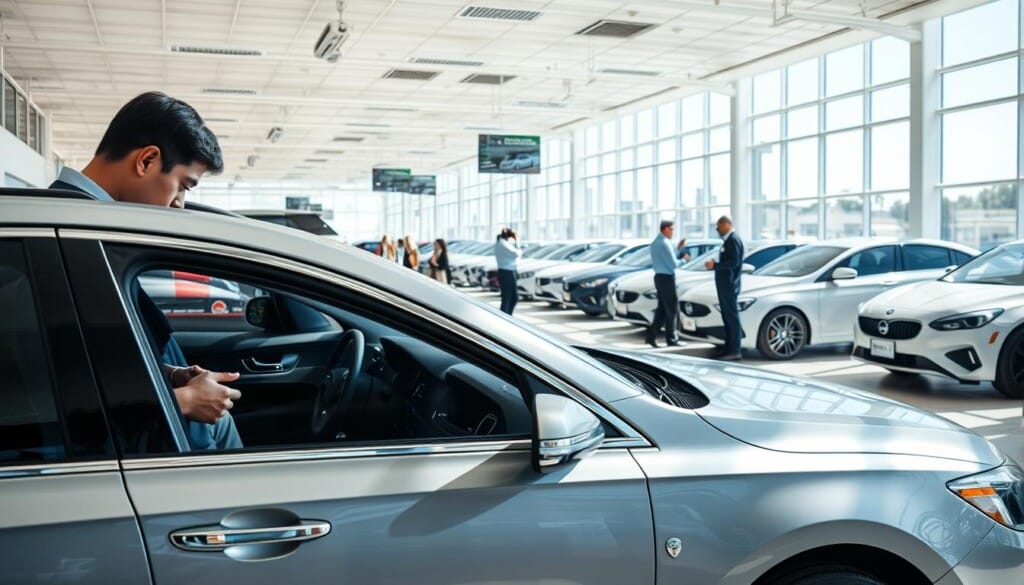A bustling used car dealership on a sunny day, with a well-lit showroom showcasing a variety of pre-owned vehicles. In the foreground, a prospective buyer examines the interior of a sleek, silver sedan, carefully assessing its condition. In the middle ground, rows of cars in various makes and models are neatly arranged, their chrome accents gleaming under the natural lighting. In the background, a team of sales representatives are engaging with other customers, guiding them through the process of finding their perfect used car. The atmosphere is one of excitement and anticipation, as the buyer considers their options, weighing the pros and cons of each vehicle before making their decision.