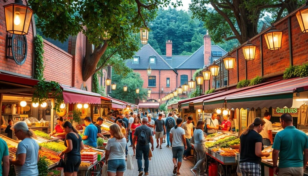 A bustling vegetarian gathering spot, with an array of vibrant food stalls and vendor carts lining a colorful, open-air marketplace. Patrons browse tempting displays of fresh produce, aromatic spices, and tantalizing plant-based dishes, while a backdrop of charming brick buildings and lush greenery creates a lively, community-driven atmosphere. Warm, soft lighting from overhead lanterns casts a welcoming glow, inviting visitors to immerse themselves in the bountiful, mouthwatering selection of vegetarian delights. The scene captures the spirit of local, sustainable culinary culture, where health-conscious diners can discover an abundance of flavorful, meat-free options.
