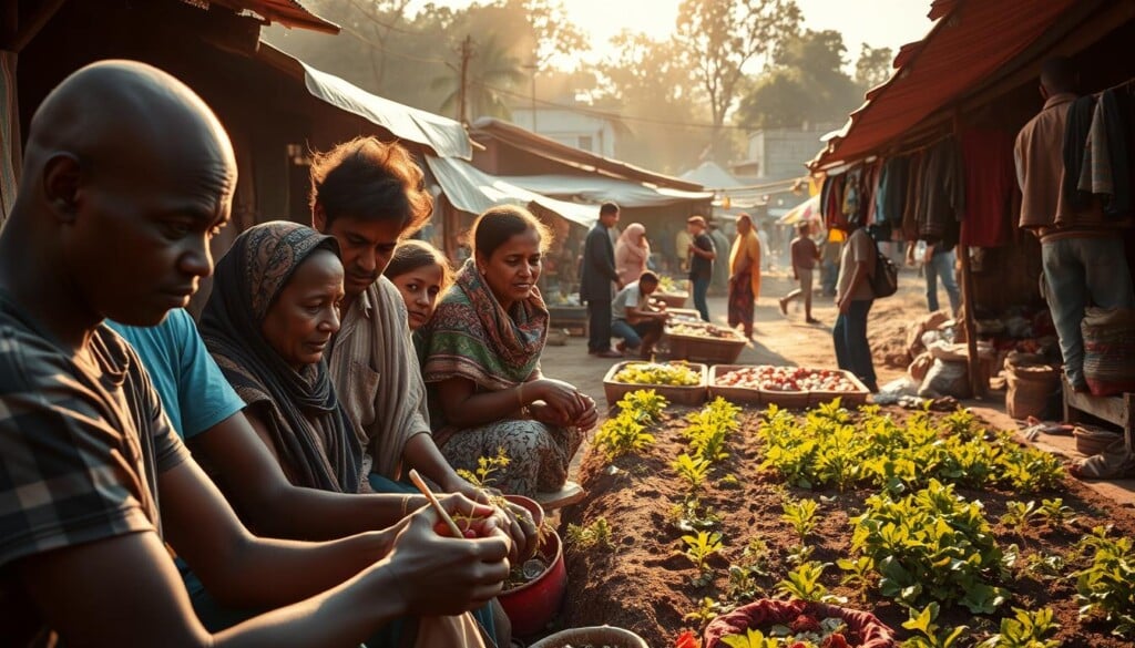 A bustling village scene, bathed in warm, golden light. In the foreground, a group of locals collaborate on a community project, their expressions focused and determined. In the middle ground, a small-scale agricultural initiative thrives, with lush crops and tending hands. The background reveals a vibrant marketplace, where stalls overflow with locally-sourced goods. The overall atmosphere conveys a sense of self-reliance, empowerment, and the tangible impact of grassroots efforts. Captured with a wide-angle lens, the composition emphasizes the interconnectedness and scale of this locally-driven initiative.