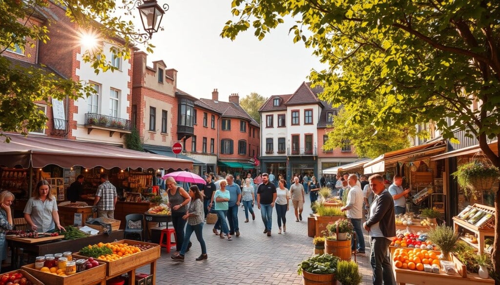 A bustling village square, filled with vibrant local markets, artisanal stalls, and friendly vendors. In the foreground, a farmer's market showcases an array of fresh produce, homemade jams, and handcrafted goods. In the middle ground, a quaint café with outdoor seating invites passersby to linger and connect with the community. In the background, a mix of historic buildings and modern storefronts create a charming, walkable neighborhood. Warm, golden sunlight filters through the trees, casting a cozy glow over the scene. The atmosphere is one of togetherness, supporting local economies, and fostering hyperlocal connections.