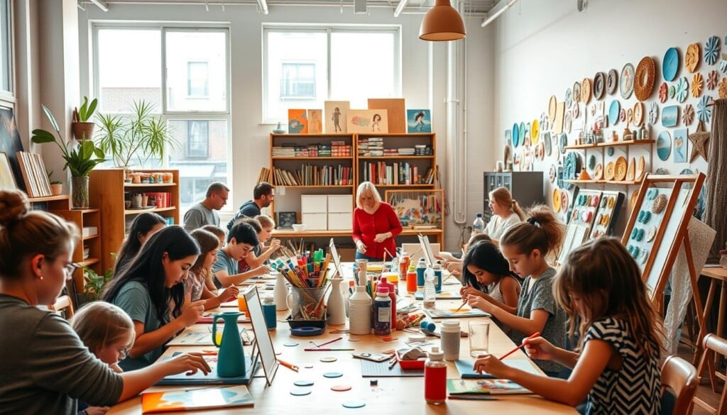 A bustling, well-lit arts and crafts studio, with large windows offering a view of a cozy urban neighborhood. In the foreground, a group of students of various ages and backgrounds sit around a long table, intently focused on their creative projects - painting, sculpting, and weaving. The middle ground features shelves stocked with an array of vibrant art supplies, and a teacher moving between the students, offering guidance and encouragement. The background showcases an inspirational wall adorned with finished artworks, infusing the space with a sense of artistic energy and community. Warm, diffused lighting casts a gentle glow, creating a welcoming and immersive atmosphere for this vibrant arts and crafts class.