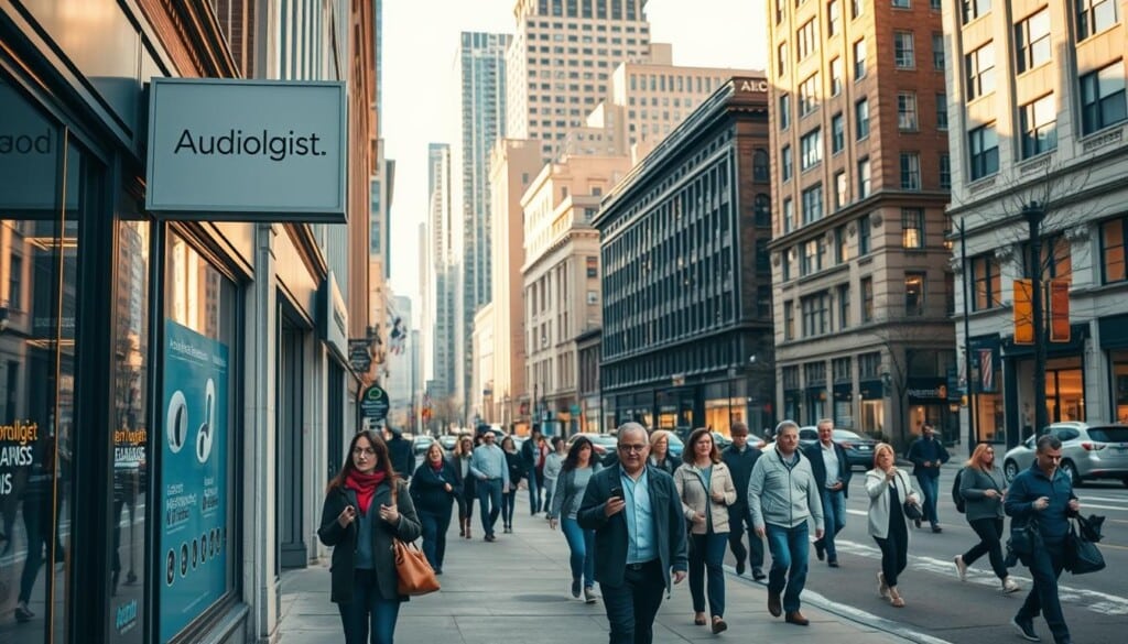 A busy city street with people walking along the sidewalks, passing by storefronts and businesses. In the foreground, a prominent sign for an audiologist's office, its windows adorned with promotional displays showcasing the latest hearing aid technologies. The middle ground features a mix of pedestrians, some carrying phones, others engaged in conversation, all moving with a sense of purpose. In the background, a blend of modern high-rise buildings and historic architecture creates a vibrant urban landscape, bathed in warm, natural lighting that casts a welcoming glow over the scene. The overall atmosphere conveys a sense of community, accessibility, and the importance of local healthcare services like the audiologist's practice.