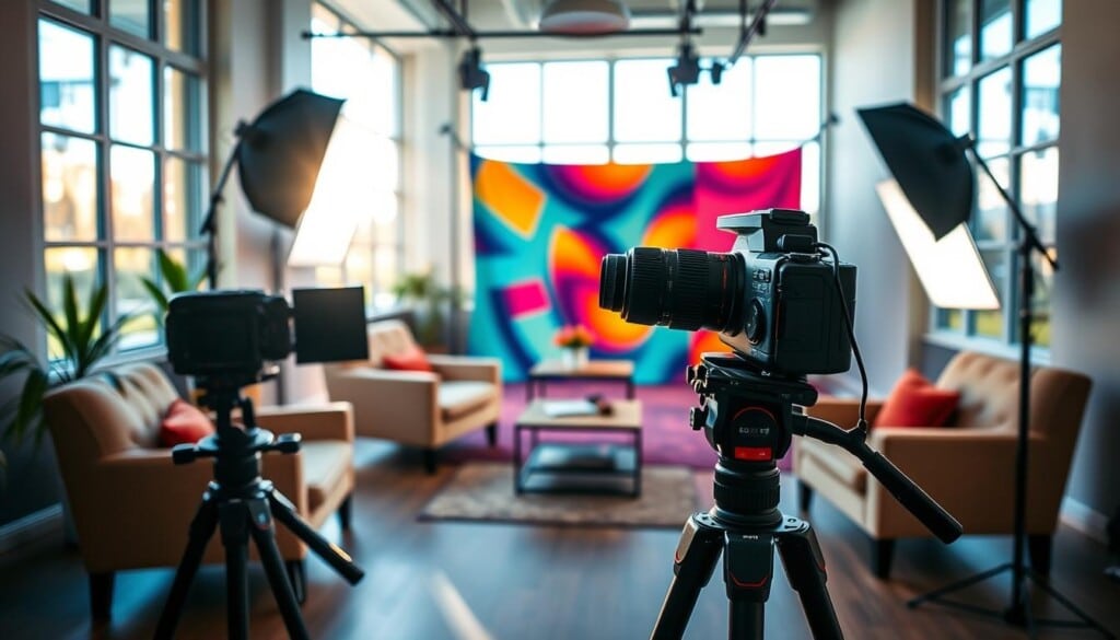A captivating photography studio with large windows, bathed in warm natural light. In the foreground, a professional camera setup with a high-quality lens, placed on a sturdy tripod. The middle ground features a cozy seating area for clients, with plush armchairs and a modern coffee table. The background showcases a vibrant, colorful backdrop, creating a visually striking and inviting environment. The overall atmosphere exudes professionalism, creativity, and attention to detail, reflecting the LocalZ advantage for photographers seeking to elevate their clients' experience.