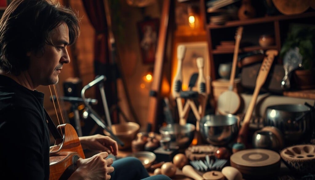 A captivating solo musician, surrounded by a diverse array of unique musical instruments and sound-making objects. The foreground features the performer, their face and hands in dramatic chiaroscuro lighting, conveying a sense of intense focus and creativity. The middle ground showcases an eclectic collection of unusual sound sources, such as a glass harp, a set of tuned metal bowls, and an array of handcrafted percussion. The background is a softly blurred, yet evocative, environment that suggests a cozy, intimate performance space, with warm, moody lighting that enhances the overall atmosphere of exploration and discovery.