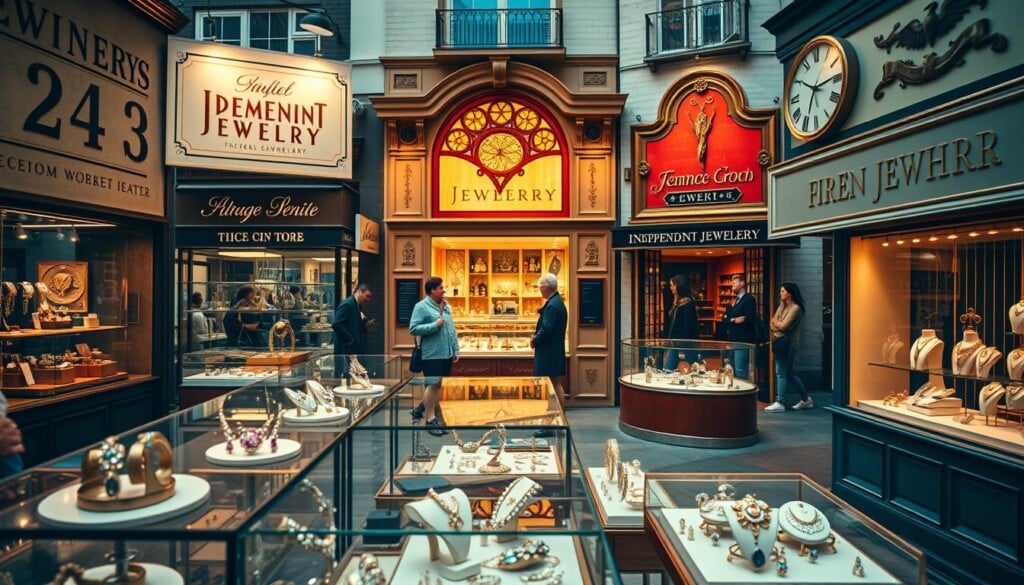 A charming display of independent jewelry stores, each with a unique storefront and captivating window displays. The foreground showcases a variety of precious metals, gemstones, and intricate designs, drawing the eye with their alluring elegance. In the middle ground, the stores themselves stand proud, their façades adorned with vintage signage and artful architectural details that evoke a sense of timeless sophistication. The background depicts a vibrant, bustling city street, with passersby admiring the stunning jewelry on offer. Warm, diffused lighting casts a soft, inviting glow over the scene, creating an atmosphere of refined luxury and artisanal craftsmanship.