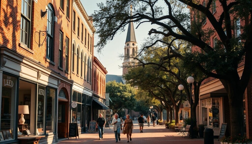 A charming historic commercial district with well-preserved 19th century brick buildings, their ornate facades bathed in warm afternoon sunlight. Storefront windows display local small business wares - artisanal goods, vintage furnishings, and hand-crafted souvenirs. Pedestrians stroll along the quaint tree-lined sidewalks, admiring the meticulously maintained architecture. In the background, a steepled church and the silhouettes of heritage oaks create a timeless, picturesque scene. The composition showcases how the thriving local shops and businesses play a vital role in preserving this community's cherished historic character.