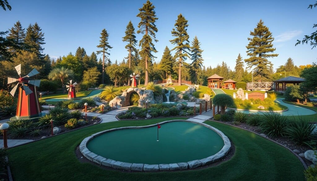 A charming local mini golf course nestled amidst lush greenery, with whimsical obstacles and obstacles that challenge players of all skill levels. The foreground features a well-manicured putting green, surrounded by colorful windmills, waterfalls, and scenic bridges. The middle ground showcases creative hole designs, inviting players to navigate through a delightful landscape. In the background, towering trees and a clear, sunny sky create a serene and inviting atmosphere. The scene is illuminated by warm, natural lighting, captured through a wide-angle lens to encompass the full scope of the mini golf experience.