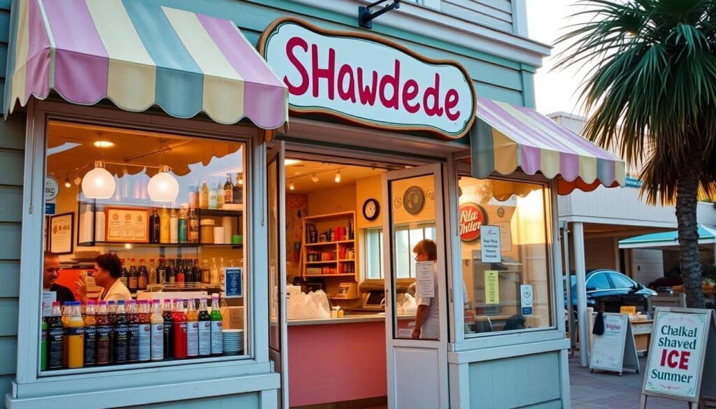 A charming local shaved ice shop, its quaint storefront adorned with pastel-colored awnings and a hand-painted sign. Through the large windows, glimpse the colorful array of syrups and toppings, ready to create a refreshing treat. The interior is bright and airy, with a cozy seating area where patrons can savor their icy delights. Warm afternoon light filters in, casting a gentle glow over the scene. The shop's owner, a friendly local, happily serves up shaved ice in a variety of flavors, from classic cherry to exotic tropical blends. This is a cherished community hub, where neighbors gather to beat the heat and enjoy a taste of summer.