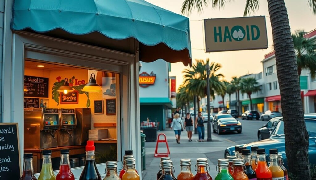 A charming local shaved ice store, its colorful awning and inviting storefront drawing passersby. Crisp white walls and sparkling windows frame a cozy interior, where ice shaver machines glint under warm, soft lighting. Tropical-inspired decor and handwritten chalkboard menus evoke a playful, laid-back atmosphere. In the foreground, an array of vibrant, flavored syrups await, their hues popping against the store's retro aesthetic. Beyond the entrance, a calm street scene unfolds, with pedestrians strolling leisurely and classic cars lining the curb. This is a neighborhood gem, a place to escape the heat and indulge in a refreshing, icy treat.