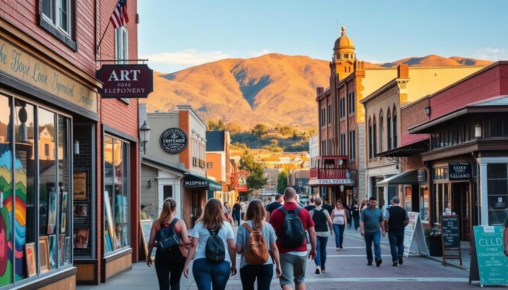 A charming small-town street scene, with quaint independent shops, colorful murals, and bustling pedestrians. In the foreground, a group of friends stroll past a local art gallery, gazing at the vibrant window displays. The middle ground features a historic landmark, such as a vintage theater or town hall, bathed in warm afternoon sunlight. In the background, rolling hills or a picturesque mountain range provide a scenic natural backdrop. The overall mood is one of exploration, discovery, and a celebration of local culture and community.