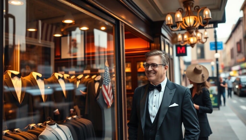 A charming tuxedo rental shop nestled in the heart of a bustling local community. Through the large display windows, neatly organized rows of formal wear beckon passersby. Warm, inviting lighting casts a soft glow, highlighting the impeccably tailored suits and accessories. In the foreground, a well-dressed customer is greeted by a friendly shopkeeper, discussing options for the perfect fit. The middle ground showcases the shop's elegant decor, with ornate fixtures and wood-paneled walls. In the background, the bustling streets of the neighborhood create a lively, community-centric atmosphere, underscoring the shop's role as an integral part of the local landscape.