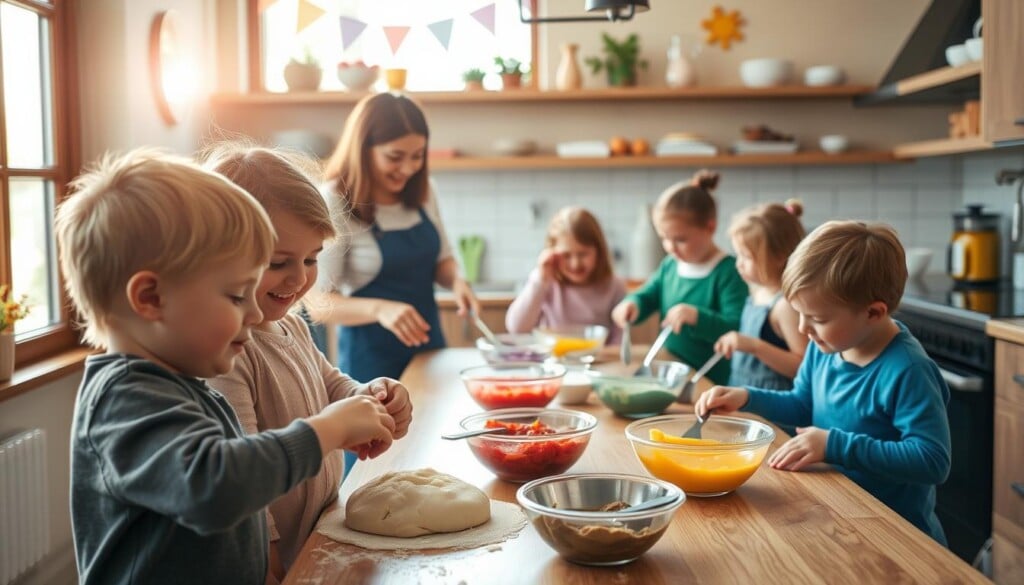 A cheerful kitchen scene with a group of children enthusiastically engaged in a hands-on cooking activity. In the foreground, two young siblings are kneading dough together, their faces lit by the warm glow of natural light streaming through a large window. In the middle ground, a parent or instructor guides a small group of children as they carefully measure ingredients and stir colorful mixtures in bowls. The background features a cozy, well-equipped kitchen with playful decorations, showcasing the joyful atmosphere of this interactive cooking experience.