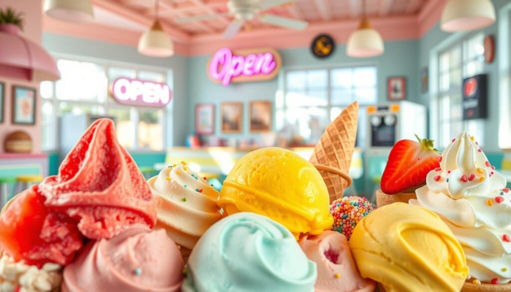 A cheerful, vibrant scene of seasonal ice cream trends. In the foreground, an array of colorful ice cream scoops in summery flavors like watermelon, lemon, and strawberry. The middle ground showcases various ice cream toppings and garnishes - sprinkles, waffle cones, and whipped cream. In the background, a pastel-hued ice cream parlor interior with retro-style furniture and a neon "Open" sign glowing. Natural light streams in through large windows, creating a warm, inviting atmosphere. The overall mood is one of playful nostalgia and mouthwatering delight.