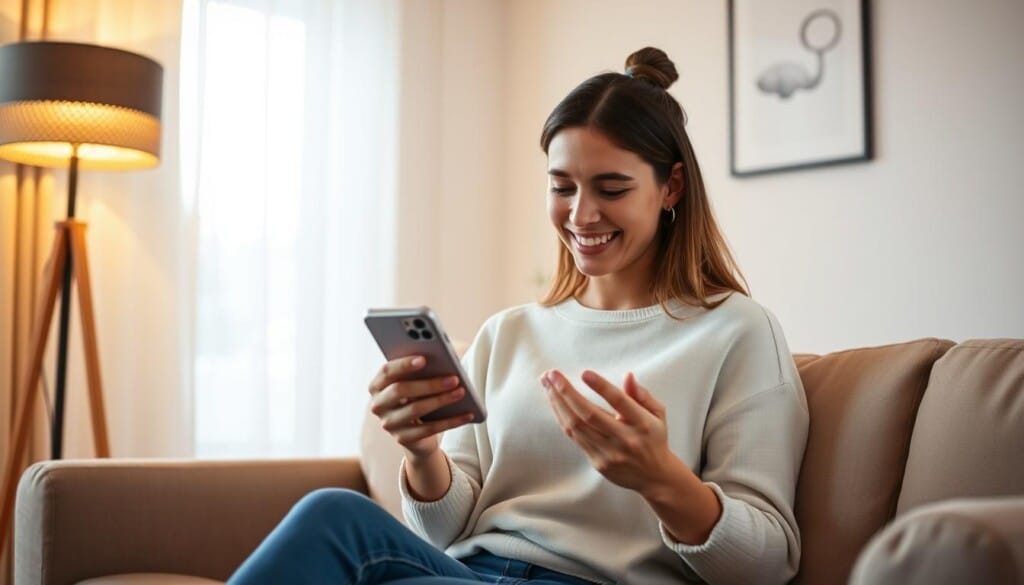 A cheerful woman browsing through her phone, searching for a massage therapist on a review website. The scene is set in a cozy living room, with warm lighting from a floor lamp casting a soft glow. The woman is seated comfortably on a plush sofa, her expression one of contemplation as she scrolls through the options. The background features a minimalist, Scandinavian-inspired decor, with clean lines and natural textures adding to the serene ambiance. The overall mood is one of relaxation and ease, setting the stage for the viewer to imagine themselves in the process of finding the perfect massage therapist.