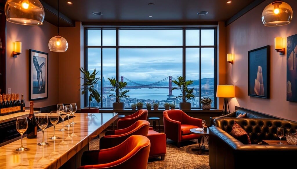 A chic champagne lounge nestled in the heart of San Francisco, with a warm and inviting ambiance. The foreground features a marble-topped bar adorned with contemporary glassware and a selection of premium champagne bottles. Plush velvet armchairs and sleek leather sofas invite guests to indulge in the bubbly delights. Soft, golden lighting casts a romantic glow, complemented by the rich, jewel-toned accents and brushed metal finishes. In the middle ground, a stunning view of the city skyline is visible through large picture windows, framed by lush potted plants and contemporary artwork. The background showcases the iconic Golden Gate Bridge in the distance, creating a picturesque setting for an unforgettable champagne experience.