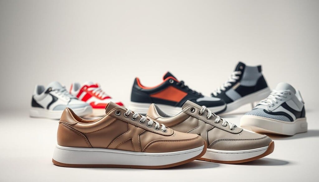 A chic, well-lit studio setting showcasing a stylish collection of fashion-forward trainers. In the foreground, a pair of sleek, minimalist leather trainers in a neutral tone, accented with metal hardware. In the middle ground, a mix of trainers in bold, trendy colors and patterns - a vibrant red sneaker with a chunky sole, a pair of monochrome high-tops with textured uppers. In the background, a soft, neutral backdrop that allows the trainers to take center stage, captured at a slight angle to highlight their sculptural, architectural forms. The overall mood is one of modern sophistication and effortless style.