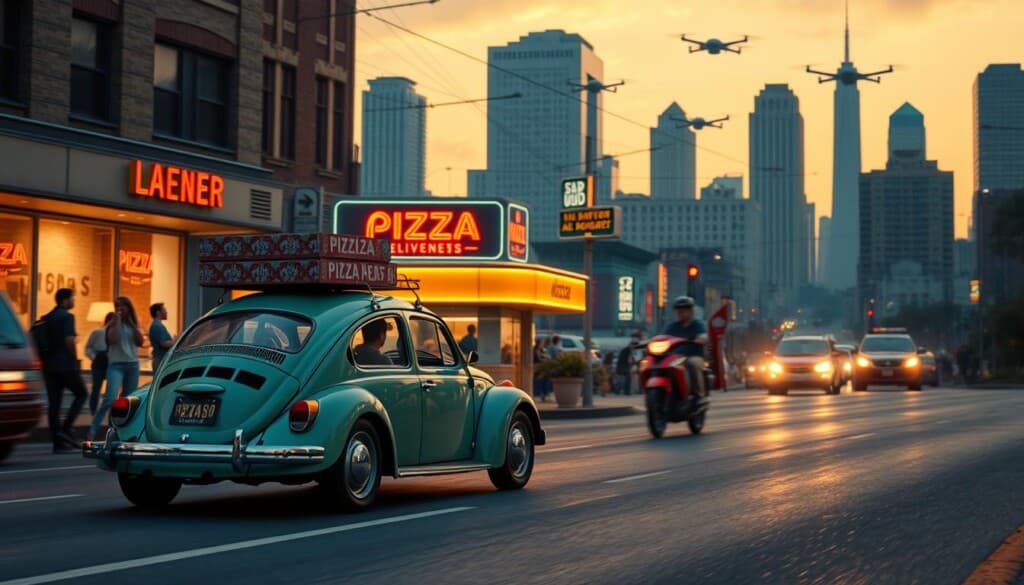 A cinematic visual journey through the evolution of pizza delivery in the United States. In the foreground, a vintage Volkswagen Beetle with a pizza box strapped to the roof navigates a bustling 1960s city street, its driver hurrying to make a hot delivery. In the middle ground, a retro-style pizza shop with neon signage illuminates the scene, its delivery boy zooming away on a motorbike. In the background, towering skyscrapers and the silhouettes of modern delivery drones hint at the technological advancements that have transformed the industry over the decades. The scene is bathed in a warm, nostalgic glow, conveying the sense of progress and convenience that has defined the rise of pizza delivery in America.