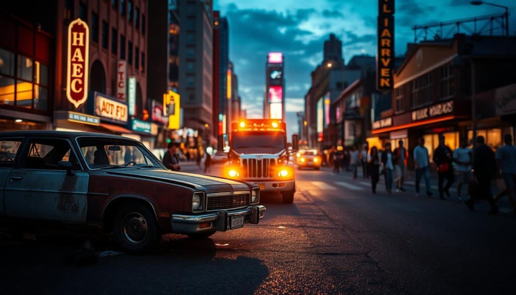 A cityscape at dusk, with a junk car prominently featured in the foreground. The car's worn, rusted exterior stands in contrast to the vibrant, neon-lit buildings surrounding it. The lighting casts long, dramatic shadows, creating a sense of urgency and the need for timely action. In the middle ground, a tow truck awaits, its headlights illuminating the scene. In the background, a bustling street with pedestrians and other vehicles, conveying the importance of efficient junk car removal in a crowded urban environment. The mood is one of opportunity, with the junk car representing a chance for quick cash and the tow truck signifying the solution to a potentially troublesome situation.
