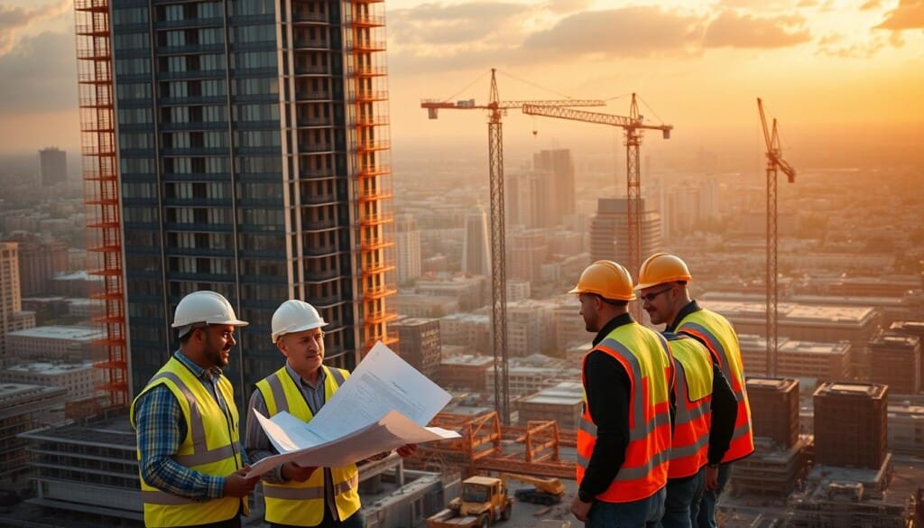 A cityscape bathed in warm, golden light, with a modern high-rise office building as the focal point. In the foreground, a group of construction workers in bright safety vests collaborate on blueprints and discuss plans, their faces conveying a sense of diligent problem-solving. In the middle ground, a fleet of heavy machinery, including cranes and excavators, stands ready to execute the concrete project. The background features a network of scaffolding, as well as a panoramic view of the surrounding urban landscape, hinting at the scale and complexity of the undertaking. The overall atmosphere exudes a sense of progress, teamwork, and the tangible realization of architectural vision.