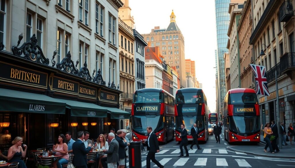 A cityscape with a bustling street lined with quaint British restaurants, their facades adorned with ornate signage and architectural details. In the foreground, a group of well-dressed patrons enjoying al fresco dining, sipping tea and savoring traditional British fare. The middle ground features a pedestrian crossing, with a vintage double-decker bus traversing the road. In the background, a mix of modern and heritage buildings create a charming urban backdrop, bathed in warm, golden-hour lighting. The scene evokes a sense of old-world charm and the vibrant culinary culture of British establishments thriving in a cosmopolitan American setting.