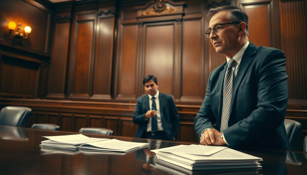 A civil rights attorney passionately advocating for their client, standing confidently before a mahogany paneled courtroom. Warm, directional lighting casts dramatic shadows, highlighting the attorney's intense gaze and determined expression. In the foreground, legal documents and notes are scattered on a dark wooden table, reflecting the seriousness of the case. In the middle ground, the client listens intently, their face a mix of hope and trust. The background depicts the grand, stately architecture of the courthouse, symbolic of the justice system the attorney navigates with expertise.