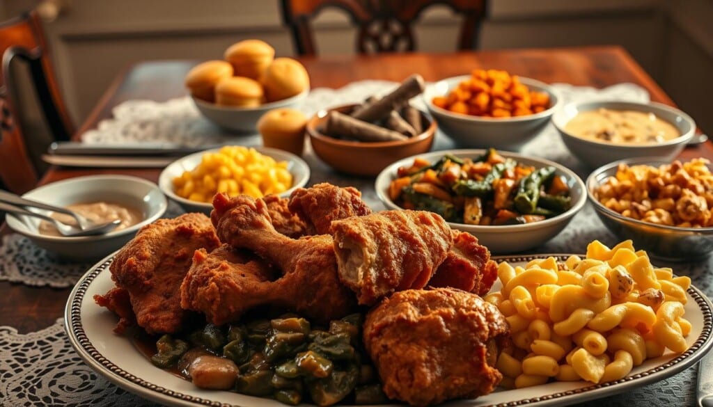 A classical southern style table setting, with an array of traditional soul food dishes. In the foreground, a platter of crispy fried chicken, collard greens simmered with smoked ham hocks, and creamy mac and cheese. In the middle ground, cornbread muffins, candied yams, and a bowl of savory stewed okra. The background features a vintage wooden table, adorned with a lace tablecloth and antique cutlery. Warm and golden lighting bathes the scene, evoking a cozy, homestyle atmosphere. The overall composition celebrates the rich, flavorful, and comforting essence of southern comfort food.