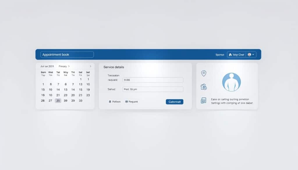 A clean, minimalist dashboard interface showcasing various appointment booking features. In the foreground, a crisp calendar with selectable dates and available time slots. The middle layer displays a streamlined form for inputting personal details and service requests. In the background, subtle icons and graphics communicate the ease of the booking process. Soft, even lighting creates a professional, welcoming atmosphere. Elegant typography and a neutral color palette convey a sense of high-quality diagnostic services.