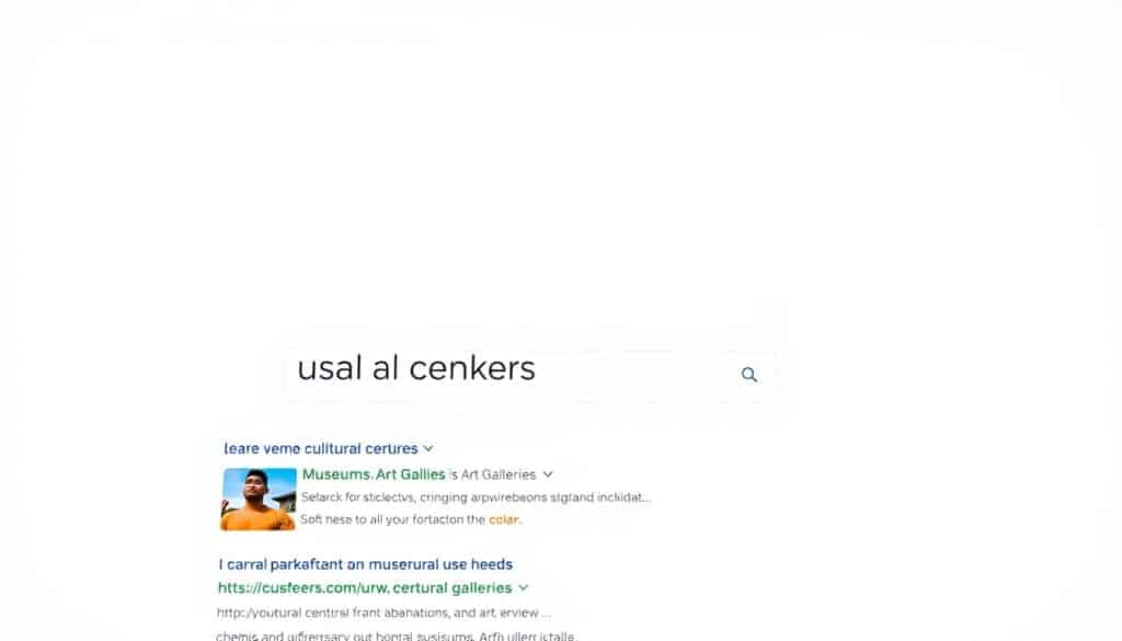 A clean, minimalistic web search page with search results for "cultural centers near me". The foreground shows a sleek search bar and a list of top search results, with links and thumbnail images for local cultural centers, museums, and art galleries. The middle ground has a subtle background grid or pattern, giving the page a modern, digital aesthetic. The lighting is bright and evenly distributed, creating a crisp, professional look. The camera angle is a frontal view, capturing the entirety of the search results page. The overall mood is informative, inviting, and visually engaging, reflecting the aim to help users easily discover cultural destinations in their local area.