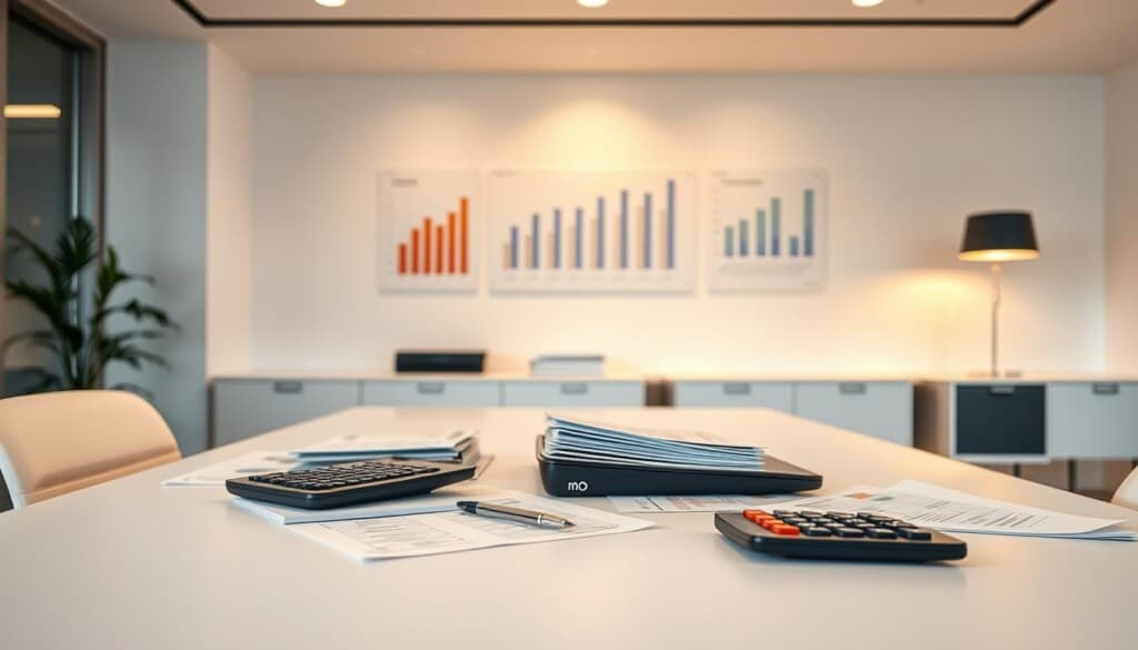 A clean, modern office interior with a large desk showcasing financial documents, calculators, and a laptop. Warm, focused lighting illuminates the scene, emphasizing the thoughtful consideration of financial data. In the background, a minimalist wall display depicts charts and graphs, reflecting the analytical nature of rental service finances. The overall composition conveys a sense of professionalism, organization, and the careful deliberation required for effective rental service management.