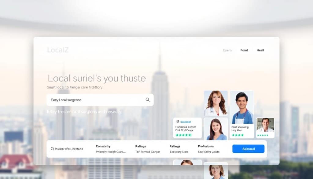 A clean, modern website interface showcasing the "LocalZ oral surgeon directory". In the foreground, a sleek search bar and filtering options, inviting the user to easily find local oral surgeons. In the middle ground, a grid of professional profiles with headshots, specialties, and ratings. The background features a subtle city skyline, conveying a sense of locality and community. Subtle pastel tones and a warm, approachable aesthetic create an atmosphere of trusted, accessible healthcare. Soft, diffused lighting from above casts a gentle glow, emphasizing the professionalism and care. The layout is crisp, uncluttered, and intuitive, reflecting the directory's role in seamlessly connecting patients with top-quality oral surgeons.