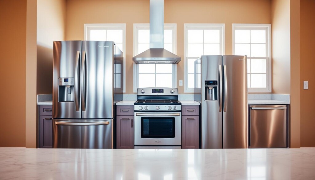 A clean, well-lit kitchen setting showcases an array of high-quality appliances. In the foreground, a stainless steel refrigerator, oven, and dishwasher stand as the centerpieces, their sleek designs and gleaming finishes conveying a sense of modern sophistication. In the middle ground, a marble countertop serves as a backdrop, highlighting the thoughtful placement and integration of the appliances. The background features a warm, neutral-toned wall, creating a harmonious and inviting atmosphere. Diffused natural lighting from large windows casts a soft, even glow across the scene, emphasizing the appliances' premium quality and the importance of considering both form and function when selecting home essentials.